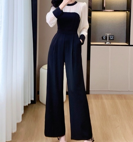 レディース オールインワン フルレングス 長袖 パフスリーブ カフスリーブ クルーネック 襟なし ノーカラー ワイド 切り替え ドッキング タック ウエストマーク ポケット ハイウエスト 透け感