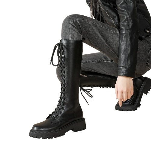 本革ロングブーツ女性英倫秋冬ただし膝マーティン靴紐厚底サイドジッパーナイトブーツ