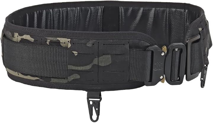 タクティカルベルト 軽量化レーザーカット仕様 MOLLEパッドベルト コブラバックル モールベルト サバゲー ファーストライン( ブラックカモフラージュ, 長さ約95cm～120cm)