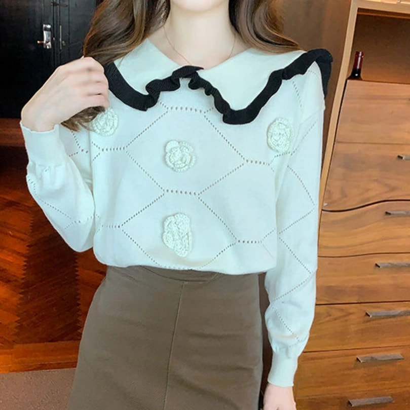 クーポン トップス お花付き かわいい ラペル セーター レディース ニット 無地 体型カバー 長袖 秋ニット 姫系 バイカラー 格子柄 ニットセーター プルオーバー カジュアル 肌に優しい 柔らかい