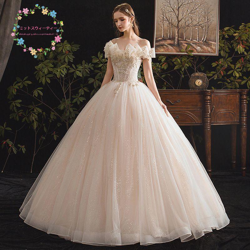 ウェディングドレス 花嫁 二次会 ホワイト ウエディングドレス 結婚式 ロング丈 プリンセスライン オフショルダー 挙式 披露宴 ブライダル トレーン ゴージャス