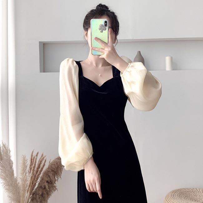 春 夏 ベロアワンピース レディース ロングワンピ 長袖 春 ワンピース レトロ バルーンスリーブ ドレス マキシ丈ワンピース バーティー 結婚式 宴会