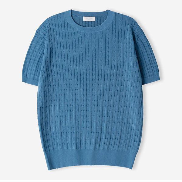 メンズ クール リネン ケーブル ラウンド 半袖 ニット Tシャツ AT KNH Q012 ソラ_P418183903