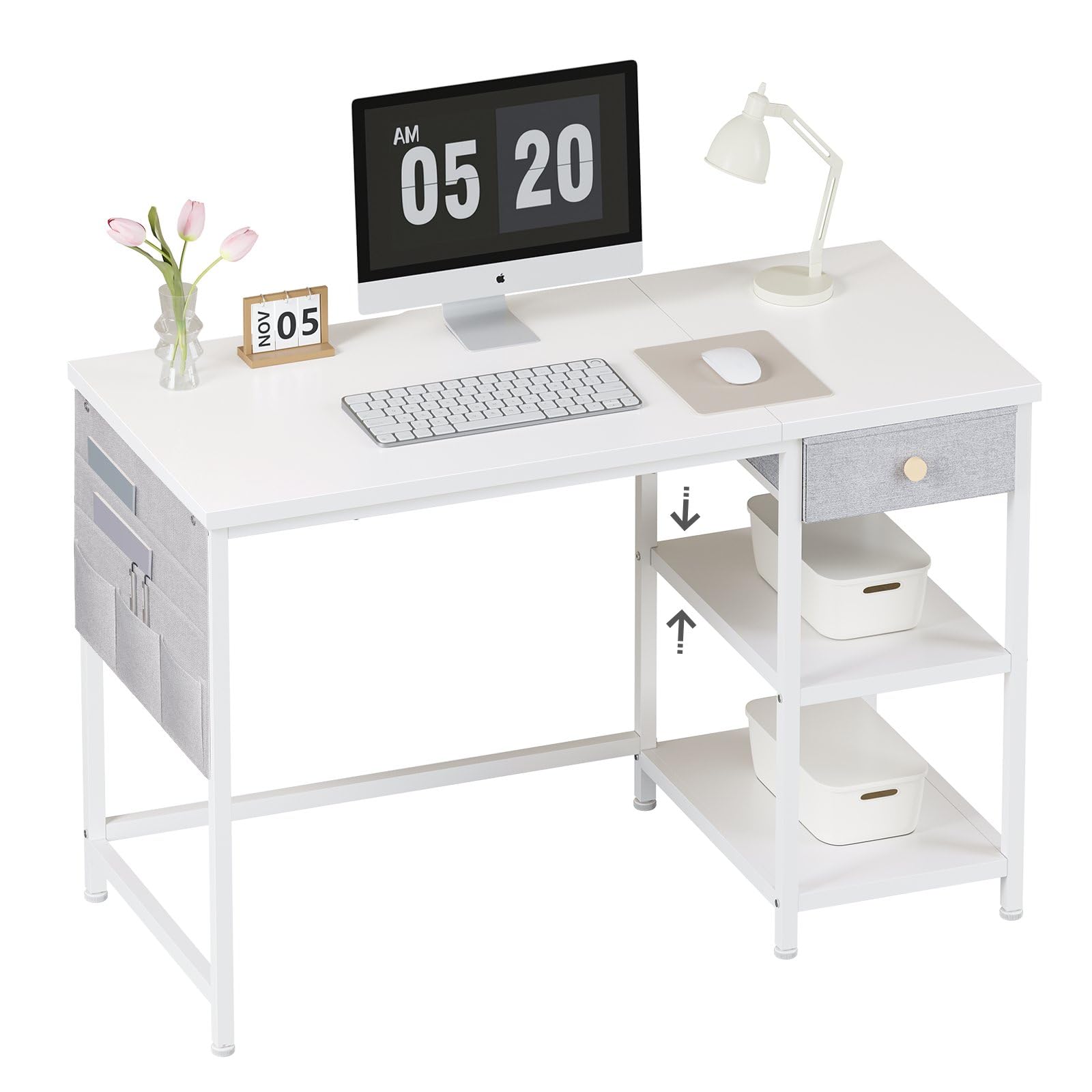 デスク 机 pcデスク パソコンデスク 勉強机 大人 つくえ ラック付きデスク 幅120cm×奥行55cm 布製引き出し付き 在宅ワークデスク オフィスデスク 収納ラック 収納袋付 13525