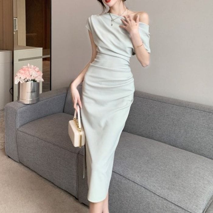 パーティードレス 韓国 安い 結婚式 プチプラ お呼ばれ ロング きれいめ セクシー キャバ ドレス タイト 即納 ワンショルダー オフショルダー 二次会 謝恩会 成人式 個性的 水色 ベージュ グ