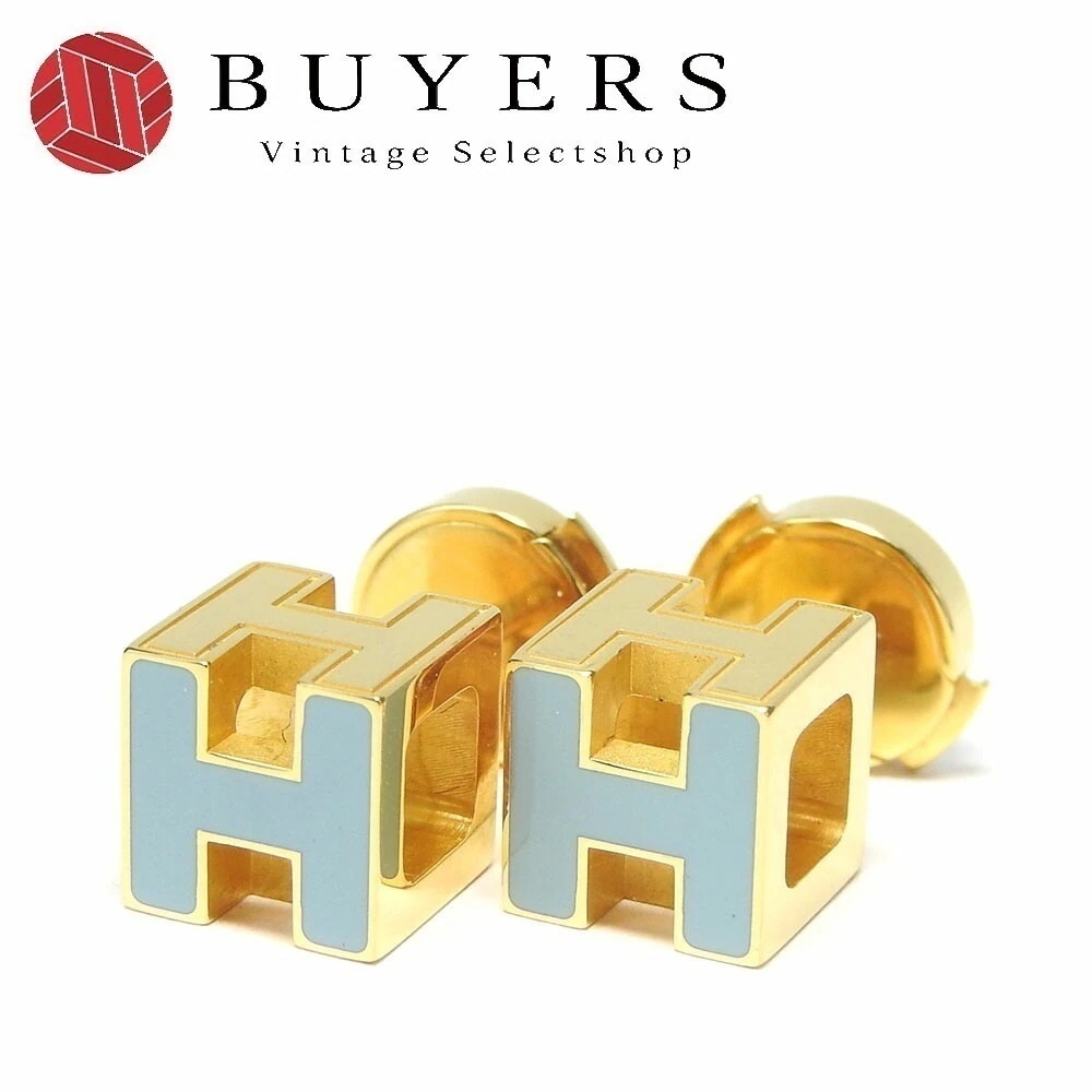 中古 エルメス ピアス カージュ ド アッシュ Hキューブ ライトブルー ゴールド メッキ GP 約5.7g アクセサリー ジュエリー 小物 レディース 女性 HERMES pierced earri