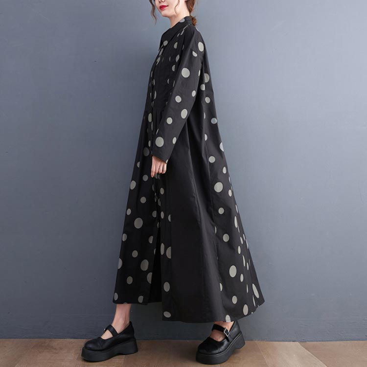 切り替えカジュアルロングワンピースドット柄レディースAラインポケット付きゆったりシャツワンピース綿混素材体型カバー大人可愛いフリーサイズシャツワンピース