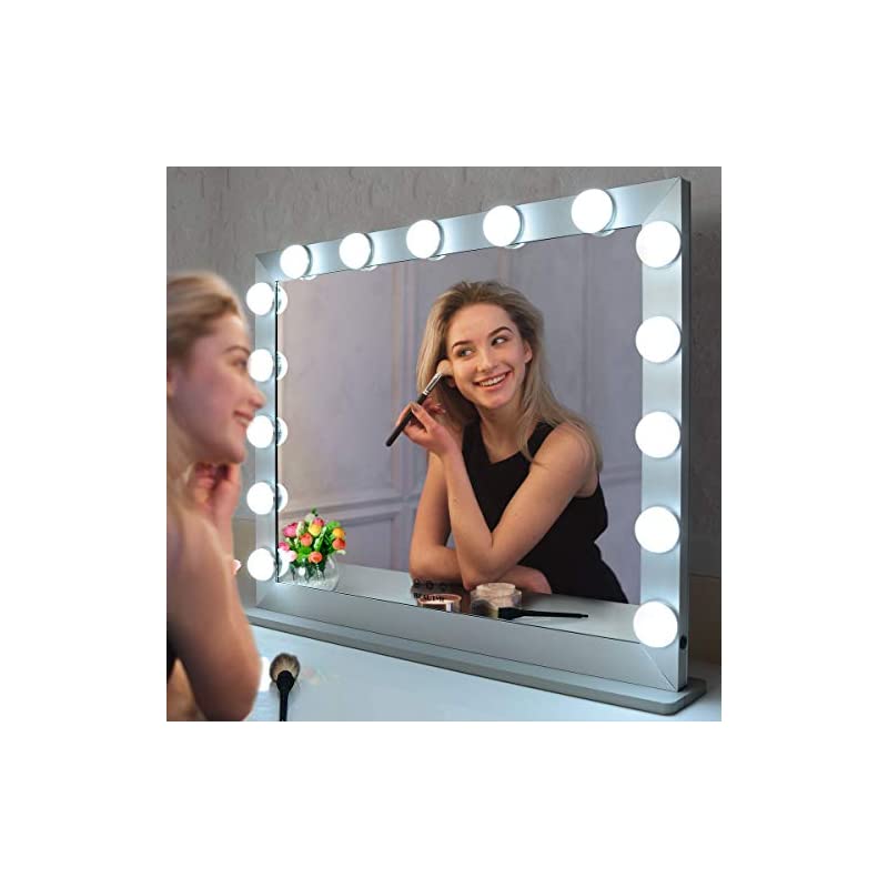 即納 :BEAUTME 女優ミラー大型 ハリウッド化粧鏡 15個LED電球付き ３色明るさ調整 10倍拡大鏡付き/化粧台 卓上/壁掛け両用 (70/55.2cm シルバー)