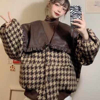 ビッグカラーコート アウター ブルゾン ジャケット 上着 長袖 ボリューム袖 Vネック 襟付き
