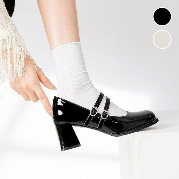 【期間限定】スクエアトゥ 2重ベルト ストラップ チャンキーヒール 太ヒール PU エナメル 【k3-jya2035】【予約販売：15-20日】60込