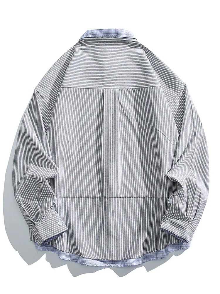 ブラウス メンズ 春と秋の新しいストライプメンズシャツ潮スプライシングフェイク2ピースシャツメンズ 長袖 韓国 メンズファッション オフィス シャツ