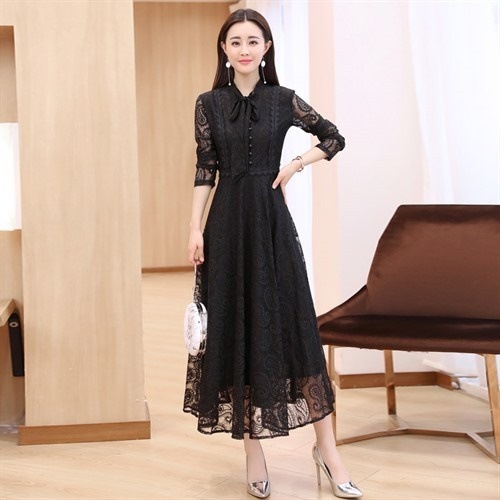 A1100.襟付きリボンシースルーレースフレアワンピース（ブラック）2019 春夏 sale ドレス エレガント お呼ばれ 結婚式 披露宴 パーティー 女子会 レストラン デート