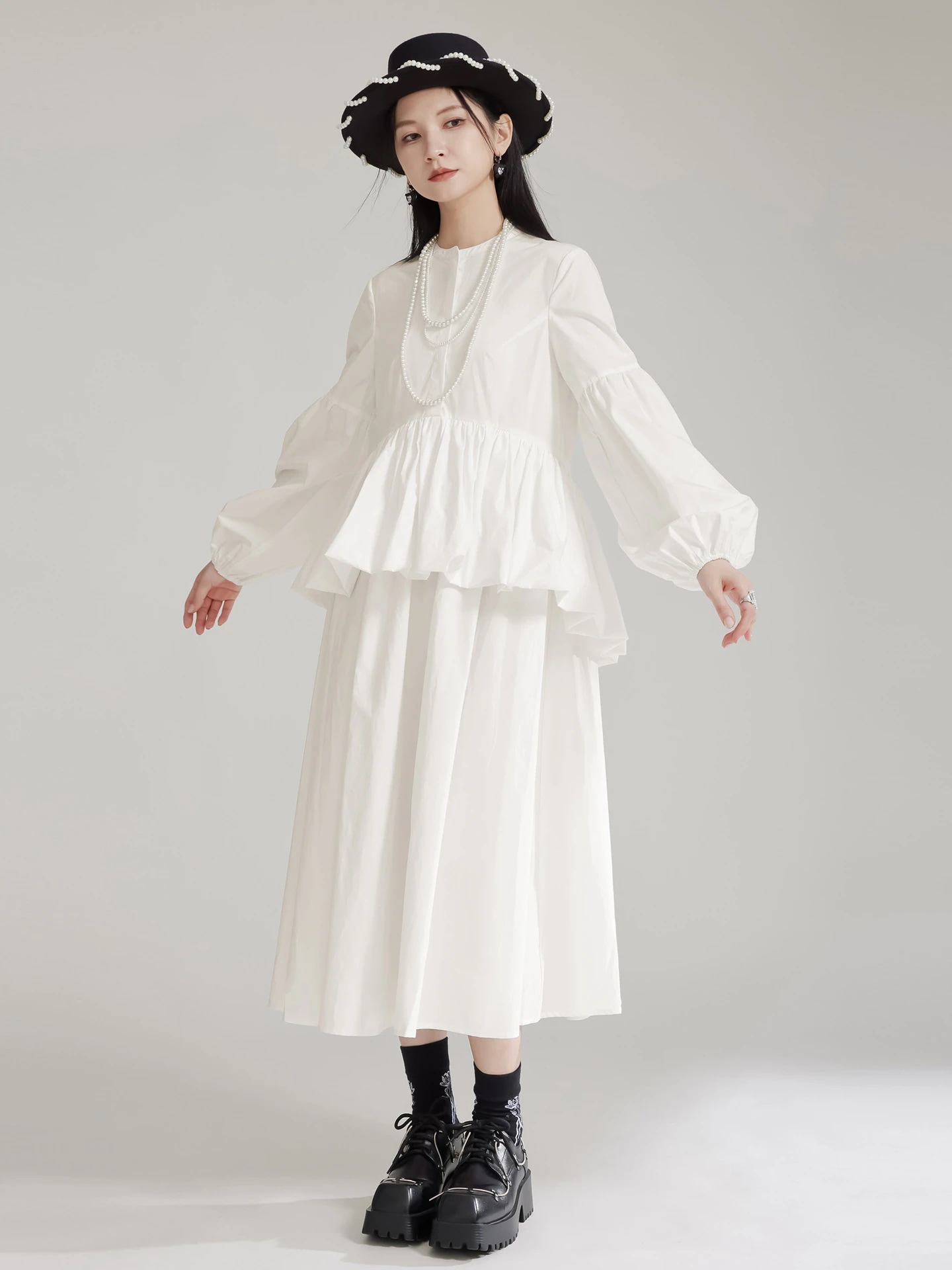 【J.Fashion】 フリル ワンピース Aライン ホワイト シャツワンピース 白 ロングワンピース メガ割 5,998円