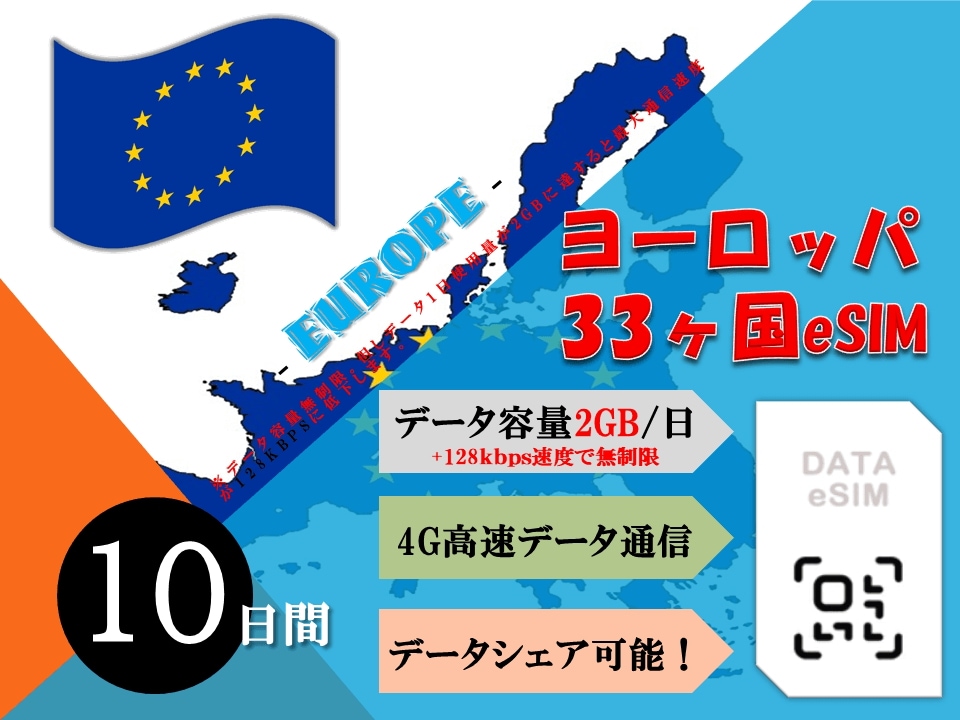 ヨーロッパ33ヶ国/地域 eSIM 海外SIM SIMカード データ容量1日/2GB 10日間 4G/LTE データ通信のみ可能 プリペイドeSIM テザリング可能 海外旅行/出張