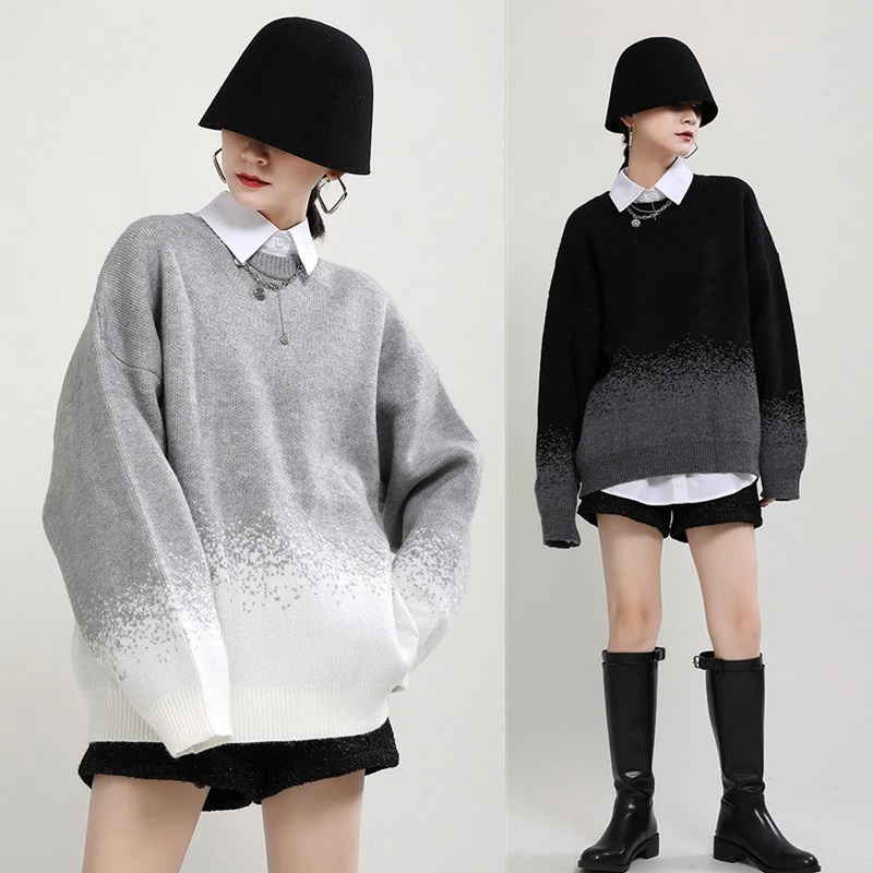 【J.Fashion】 グラデーション 春秋冬 ニット ラウンドネック 厚手 セーター ミドル丈 ゆる トップス カシミヤタッチ ブラウス メガ割