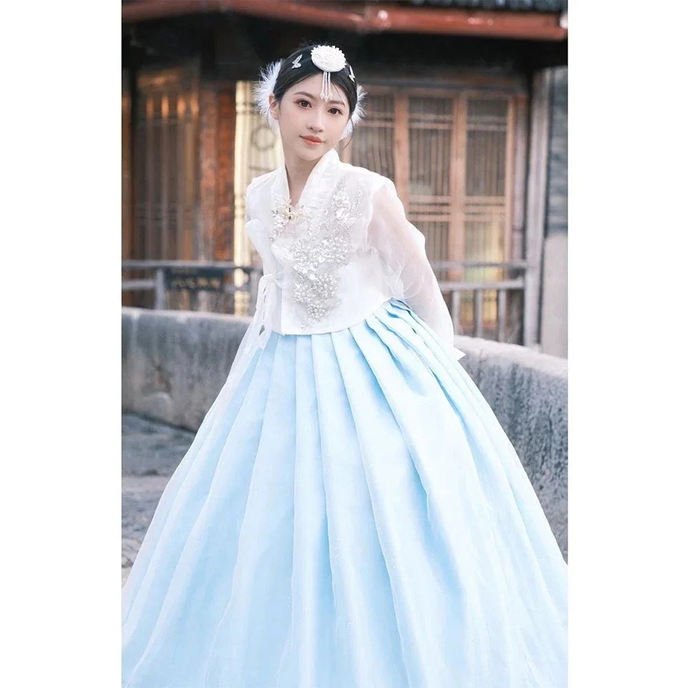 スカイブルー延吉姫衣装超不滅の写真撮影韓国民族衣装延辺韓国朝鮮衣装