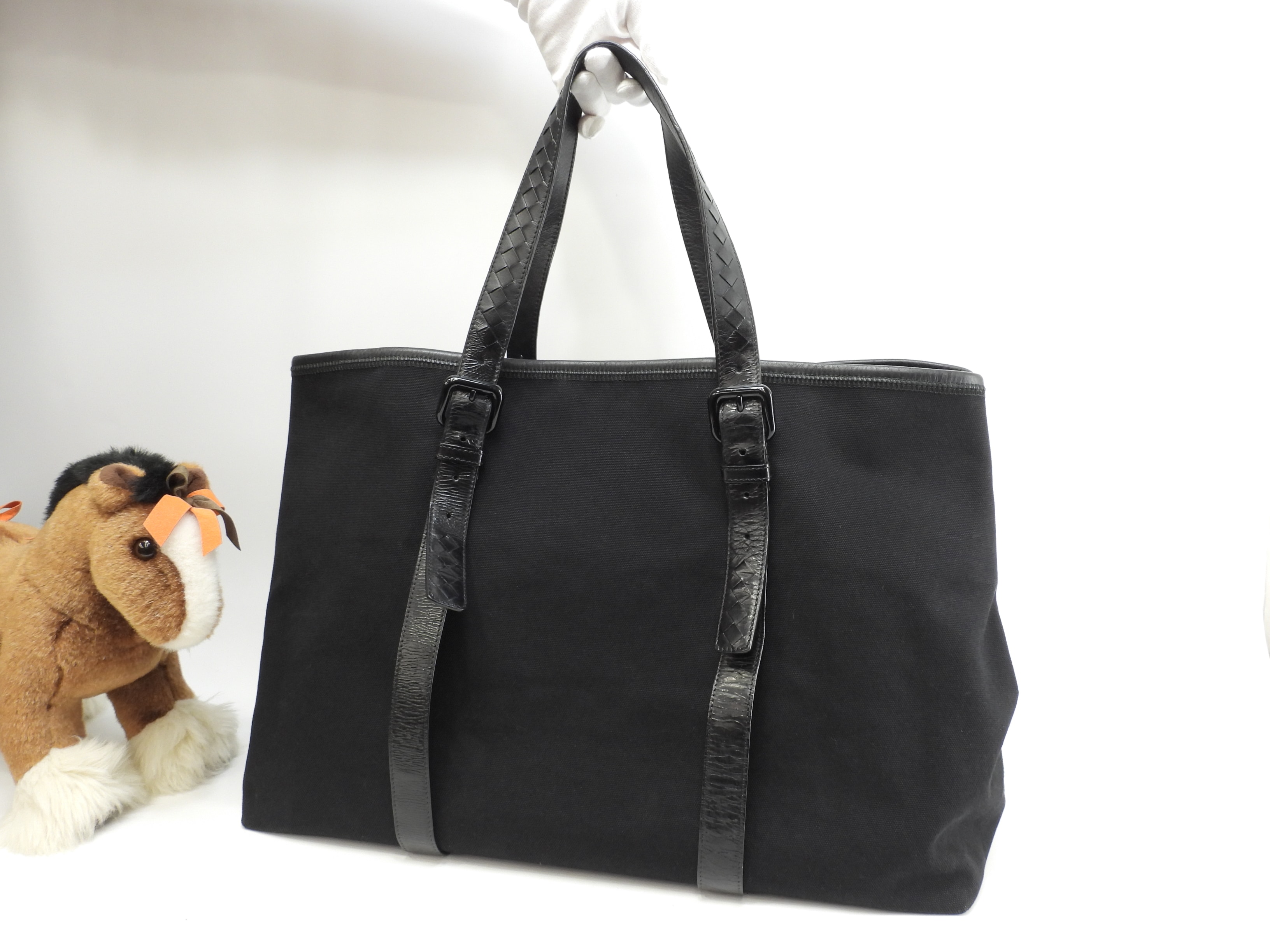 トートバッグ特大 イントレチャート コットン革黒 ショッピングバッグ@ 256