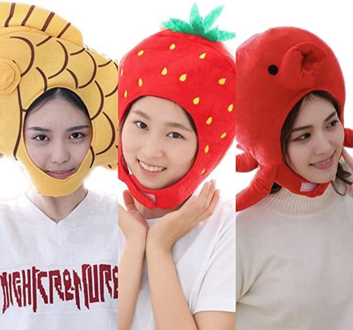 被り物 フルーツ タコ たい焼き マスク コスプレ( 赤いちごブラウンたい焼き赤タコセット)