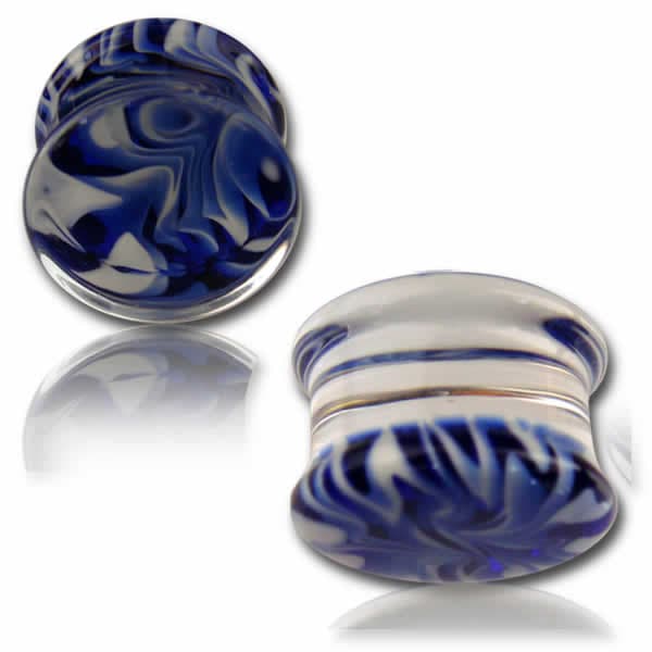 金属アレルギー対応 ボディピアス パイレックスガラスプラグ（ドリーム）0G 00G 青色 マーブル