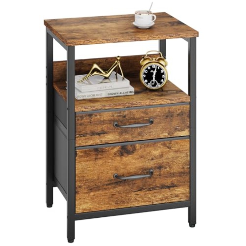 YMYNY サイドテーブル ナイトテーブル ファブリック引き出し付き 木目 アイアン＆木製 組み立て簡単 コンパクト ナイトスタンド ベッドサイドテーブル ベッド横 ソファー横 ブラウン HST011