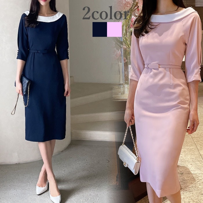 ワンピース 結婚式 春 袖あり ベルトセット 膝丈 二次会 披露宴