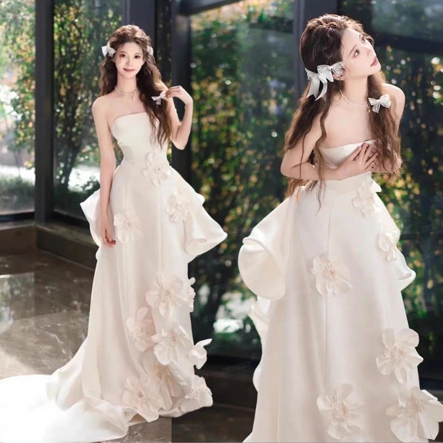ドレス パーティドレス ロングドレス クチナシの花びら ノースリーブの船型ネック スレンダー ウェディングドレス 白 花嫁 ドレス 披露宴 二次会 前撮り ワンピース ドレス
