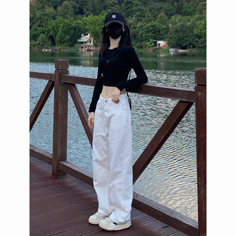 ホワイトジーンズレディースゆったり韓国風ワイドレッグパンツ2024初春スタイルパンツストレートレッグパンツ夏薄手スタイル