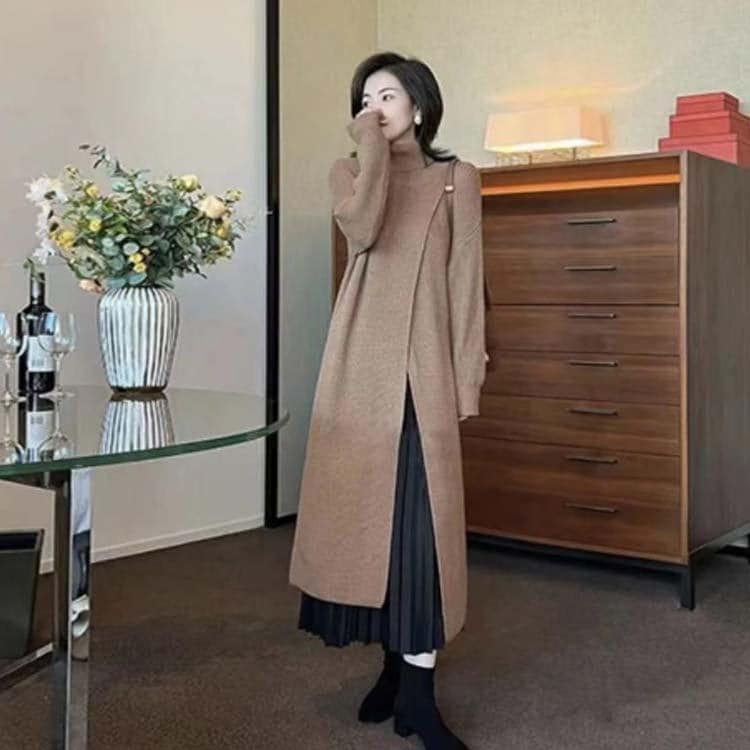 長袖 レディース ビッグスリット 上下セット セーター ビッグスリット プリーツスカート セットアップ ロング丈 ロングスカート ニットトップス お洒