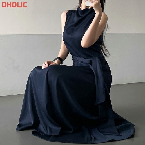 [メガ割りSALE]ストラップ付ジップアップピンタックロングギャザーノースリワンピース