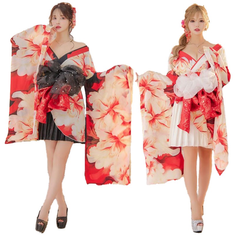 【高級ライン】【2点セット】シフォン 花柄 アシンメトリー プリーツスカート オフショル 豪華 帯 花魁 着物 ドレス コスプレ [1325]