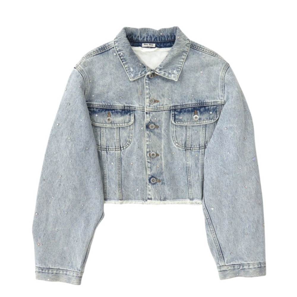 新品同様 ラインストーン ダメージ加工 GWB082 デニムジャケット コットン ライトブルー 0293【中古】 レディース