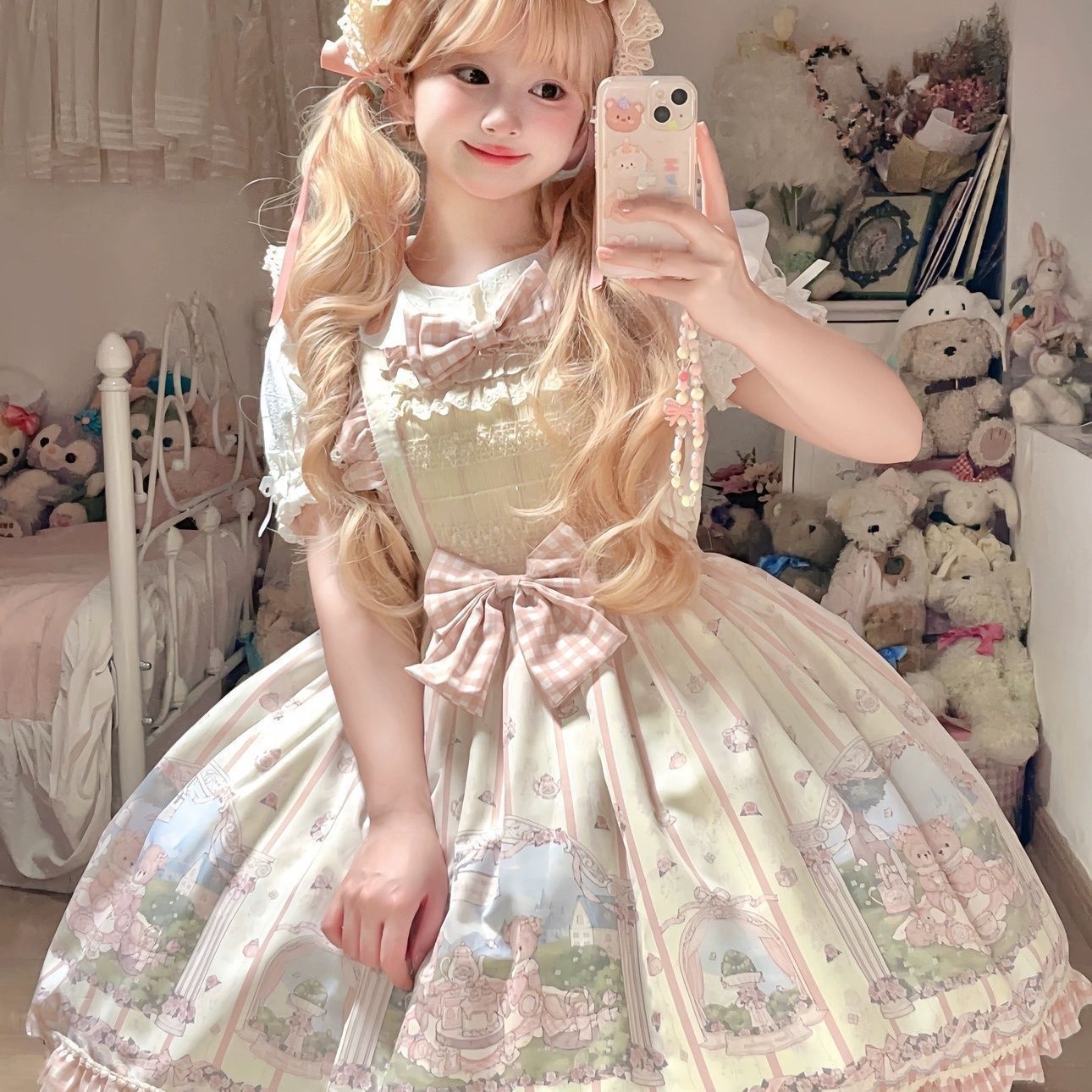 【お得なセット】JSK+リボン+パニエ+くま耳KC付きロリータ, ロリータ服, ジャンパースカート, JSK, 甘ロリータ, ピクニックロリータ, くまモチーフ, 2WAY, ドール, ホワイト