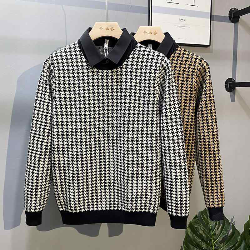 メンズ ファッション 服 オシャレ シンプル 大人 かっこいい 大きいサイズ ストリート 紳士服 春秋 千鳥格子 フェイク ツーピース シャツ 襟 セーター 薄手 プルオーバー ニット チェック柄