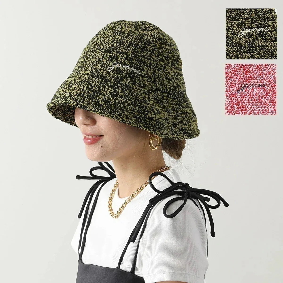 GANNI ガニー バケットハット Cotton Crochet Bucket Hat A5810 A5811 レディース クロシェ ロゴ刺繍 帽子 カラー2色