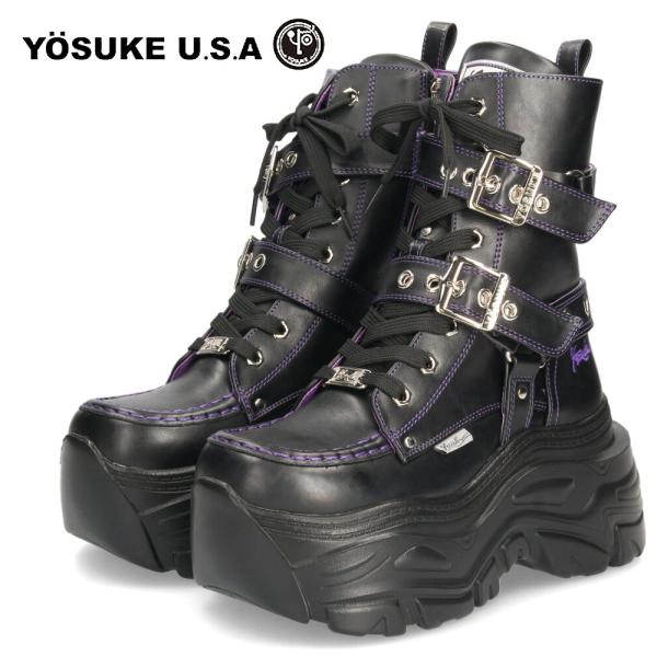 ブーツ レディース 厚底 靴 ヨースケ YOSUKE 4460083 ブラック パープル 厚底スニーカー 黒 チャンキーソール 3E ゆったり 幅広　レースアップ ベルト