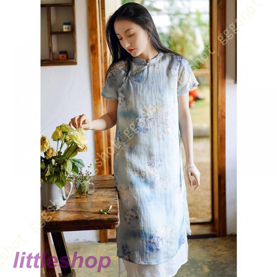 営业促进 チャイナドレス ワンピース ドレス レディース 半袖 Aライン マキシドレス 体型カバー 無地 立ち襟 春夏 綿とリネン 快適 涼しい ホームウエア 綿麻 膝丈