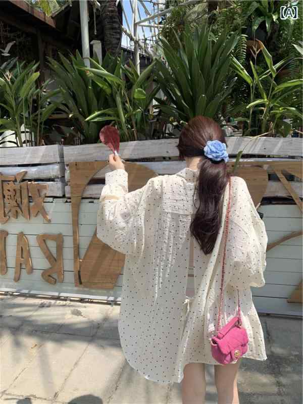レディース トップス きれいめ おしゃれ カジュアル 普段使い 韓国 白 水玉 長袖 シャツ 夏 スリットシャツ 薄手 涼しい 涼しい 日焼け防止 ジャケット