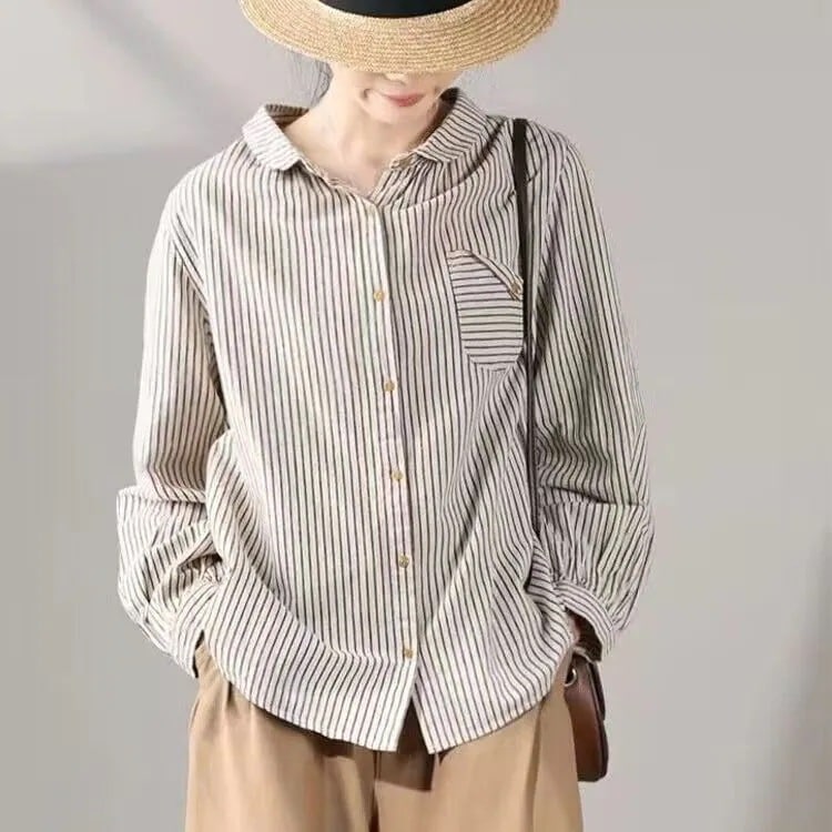 ワンデー系ストライプ綿麻長袖シャツ春と秋の雰囲気減齢シャツ通勤ベスト