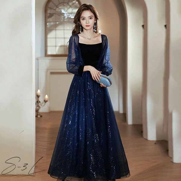 ドレス 大人 ピアノ 発表会 ロング丈 ぽっちゃり 大きいサイズ イブニングドレス 演奏会 ピアノ発表会 袖付き ワンピース Aライン ステージドレス 二次会 女子会 成人式 パーティードレス 大人可