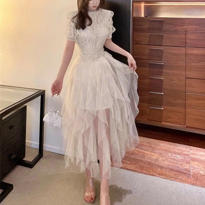 【急速出荷!】パーティードレス 結婚式 二次会 ロング丈 シースルー レース フレア ボリューム ワンピース おしゃれ ブルー ホワイト Aライン 半袖 デザイン きれいめ ハイウェスト ック カジュ