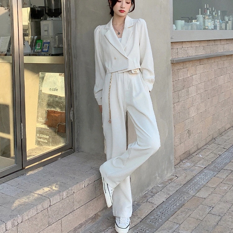 セットアップ ショートジャケット ハイウエストパンツ 2点セット 上下セット レディース ジャケット パンツ ボトムス 上着 羽織 前開き テーラードジャケット ストレートパンツ ショート 長袖