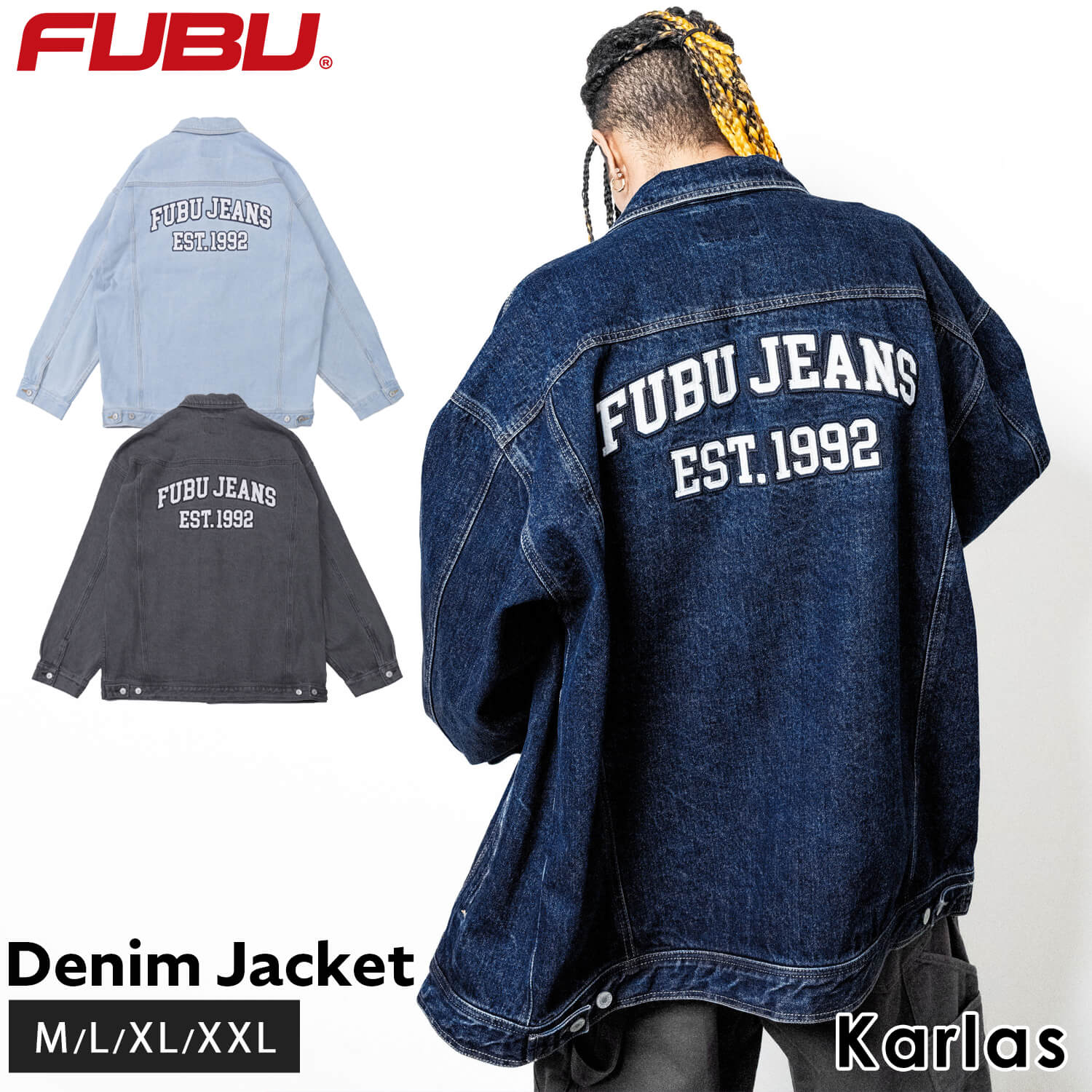 FUBU フブ ジャケット デニム メンズ レディース 長袖 ブルゾン ジャンパー Gジャン アウター ブランド 秋 冬 ロゴテープ ワッペン 刺繍 ウォッシュ加工 XL XXL オーバーサイズ アメ