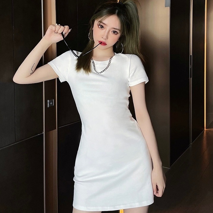 レディース ワンピース シャツ ショート丈 半袖 ラウンドネック スリム プルオーバー 綿 薄手 大人可愛い きれいめ シンプル 上品 無地 20代 オルチャン お出かけ こなれ感 おしゃれ 夏