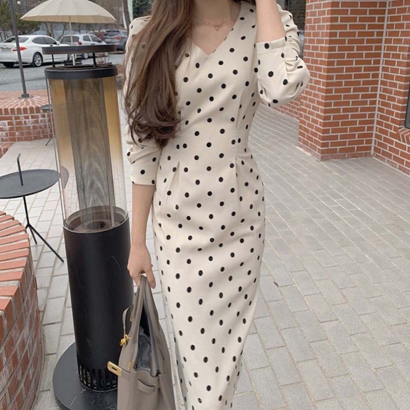 ワンピース レディース 7分袖 ミモレ パフスリーブ Vネック リボン レトロ かわいい 大人可愛い きれいめ 上品 おしゃれ お洒落 水玉 ドット 春 秋 デート 学生 ホワイト ブラウン