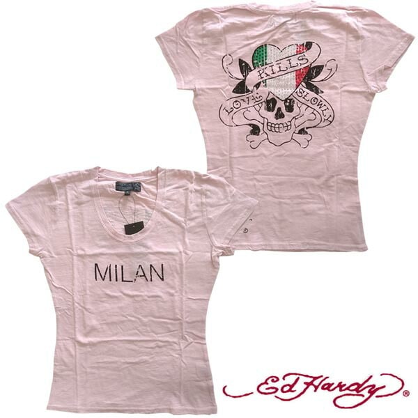 セール エドハーディー レディース 半袖 Tシャツ 200種類の品揃え Ed Hardy MILAN LOVE KILLS SLOWRY ラブキル　ライト ピンク ストーン エドハーディー