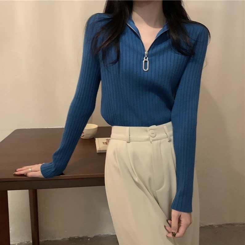 トップス セーター 袖あり 長袖 Vネック タイト 細身 ファスナー リブ かわいい 大人可愛い