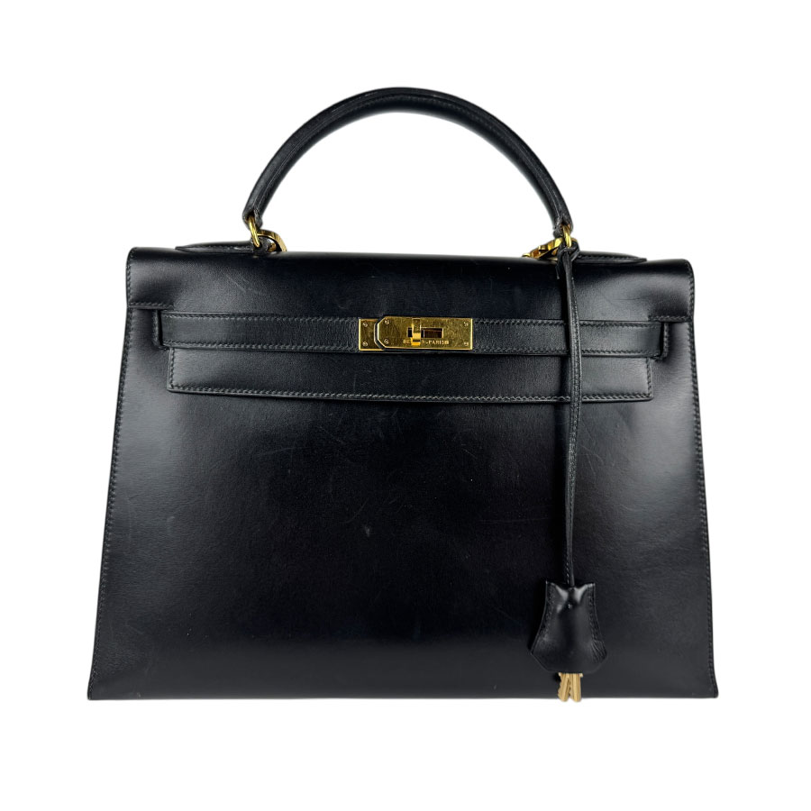 エルメス HERMES ハンドバッグ ショルダーバッグ ケリー32 外縫い ボックスカーフ ブラック ゴールド レディース z4990