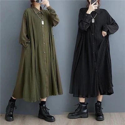 【送料無料】シャツワンピースレディース服ワンピースロング丈長袖の体型カバーギャザーフレアコットン今っぽい大人カジュアルスタイル·アルミニウムやかなて心