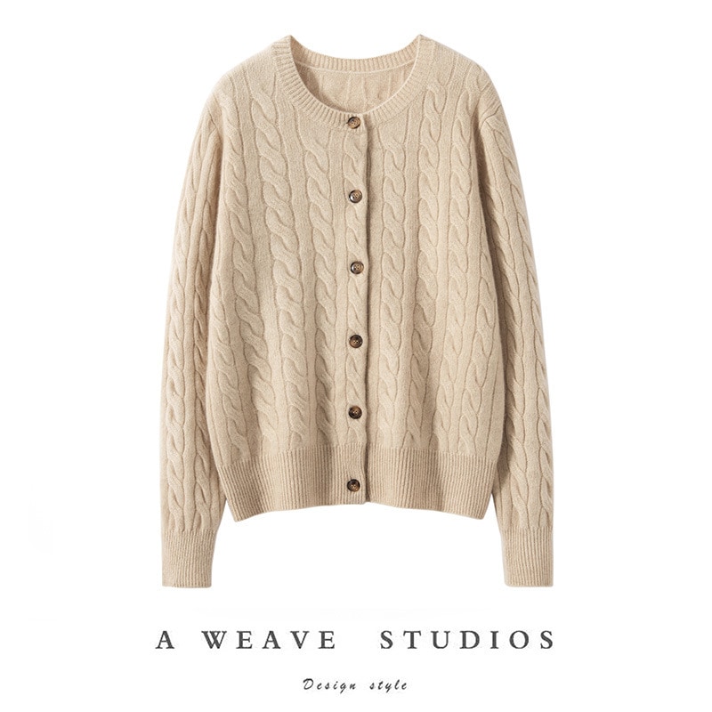 2024秋冬100純カシミヤカーディガン丸襟ツイストデザインゆるいニット長袖コート