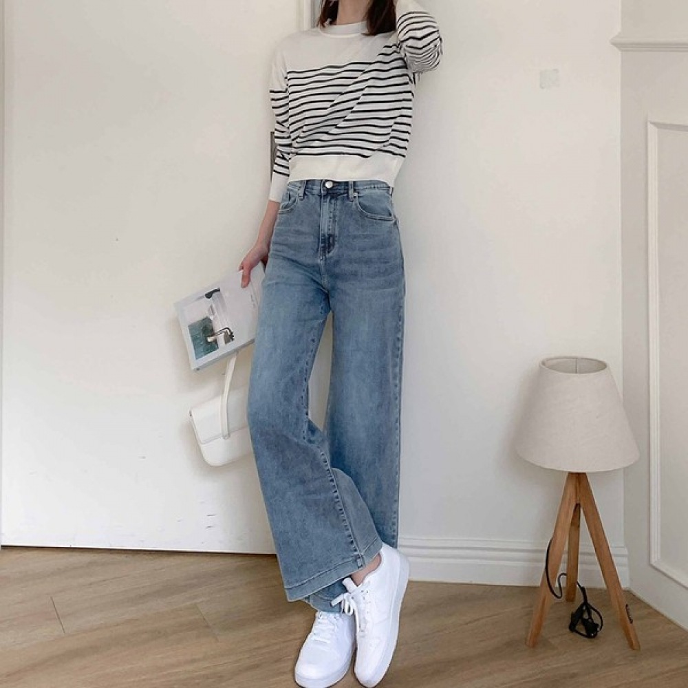 (Jinmania) ライトブルー隠しバンディングシンプルワイドデニムパンツ 5,769円